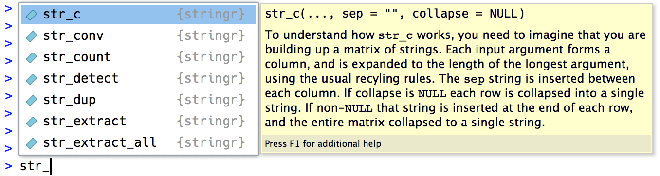 str_c được gõ vào console RStudio với tooltip tự động hoàn thành hiển thị phía trên, liệt kê các function bắt đầu bằng str_c. Chữ ký hàm và phần đầu trang trợ giúp cho function được chọn từ list tự động hoàn thành được hiển thị trong một bảng bên phải.